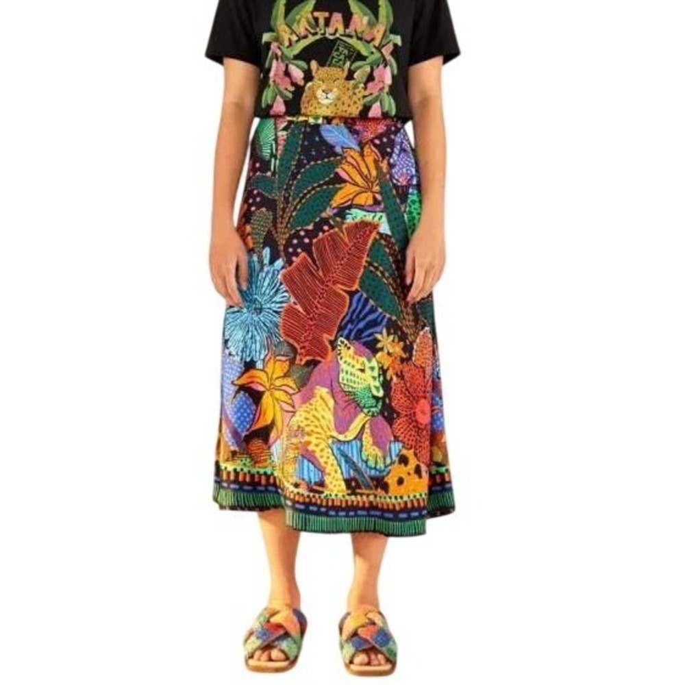 FARM Rio Women's Black Cool Leopards Floral Printed A-line Midi Skirt Size Small